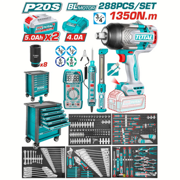 PISTOLA IMPACTO INALAMBRICA  3/4" 1350NM + 2 BATERIAS 5.0AH + CARGADOR + CAJA DE HERRAMIENTAS CON 288 ACCESORIOS INDUSTRIAL S