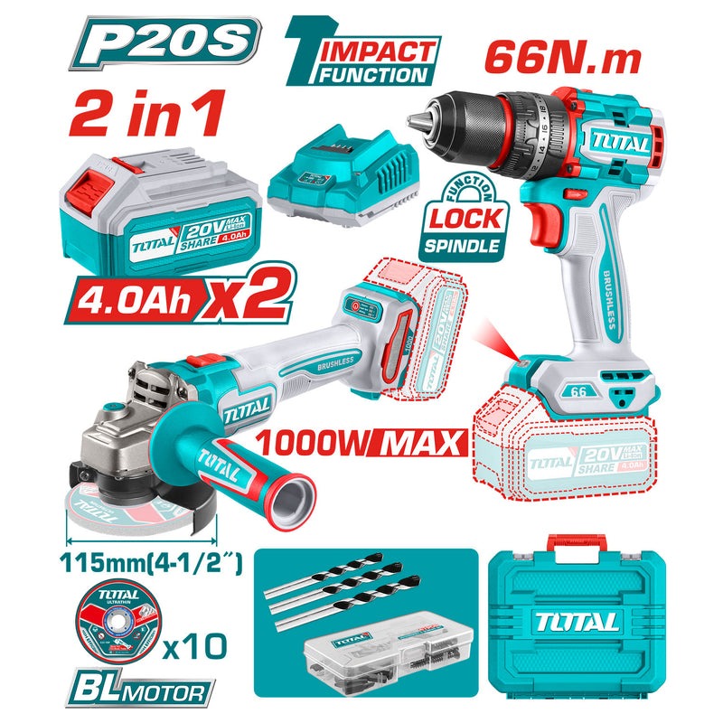 COMBO PULIDORA 20V 4-1/2" + TALADRO PERCUT 1/2" + 1 BAT 20V 2AH + 1 BAT 20V 4AH  + CARGADOR + 10 DISCOS