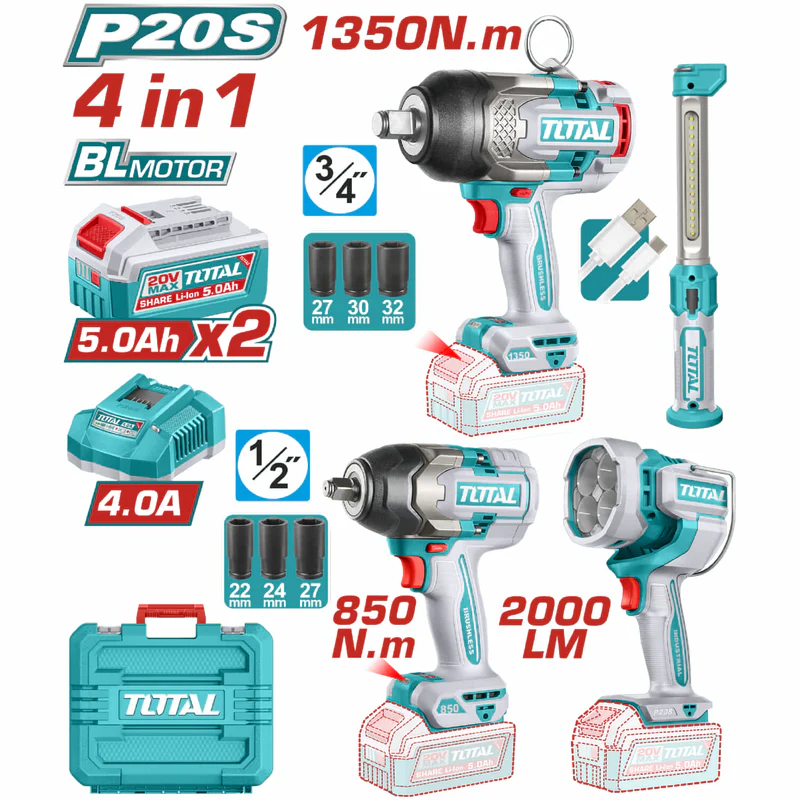 COMBO INALAMBRICO 20V PISTOLA IMPACTO INALAMBRICA 3/4 1350NM + PISTOLA IMPACTO INALAMBRICA 1/2 850NM+LAMPARA DE TRABAJO 2000 