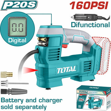 COMPRESOR MINI INALAMBRICO DIGITAL 20V PARA CARRO 160PSI AUTOMATICO  BATERIA Y CARGADOR NO INCLUIDO TOTAL