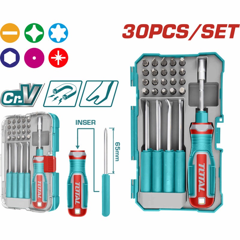 JUEGO DE DESTORNILLADOR CON PUNTAS INTERCAMBIABLES X 30 PZS SUPER TOTAL