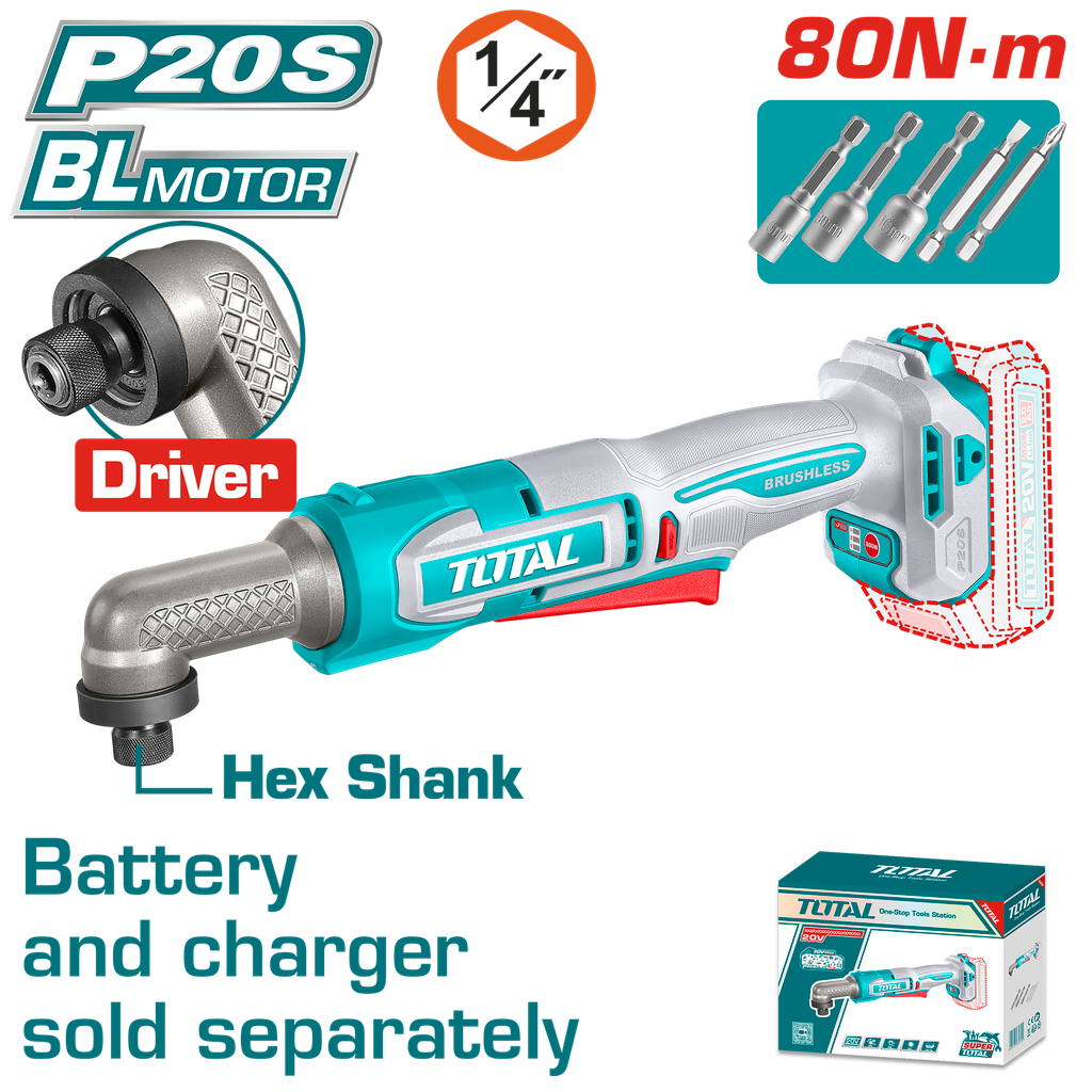ATORNILLADOR DE IMPACTO DE ANGULO 1/4" 20V 80NM INCLUYE ACCESORIOS BATERIA Y CARGADOR SE VENDEN POR SEPARADO INDUSTRIAL SUPER