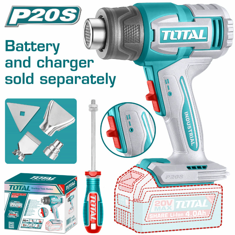 PISTOLA CALOR INALAMBRICA 20V CON TEMPERATURA AJUSTABLE INCLUYE 4 BOQUILLAS 1 RASCADOR BATERIA Y CARGADOR NO INCLUIDO INDUSTR