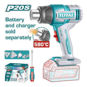 PISTOLA CALOR INALAMBRICA  20V CON TEMPERATURA AJUSTABLE 30-580°C  INCLUYE 4 BOQUILLAS 1 RASCADOR  BATERIA Y CARGADOR NO INCL