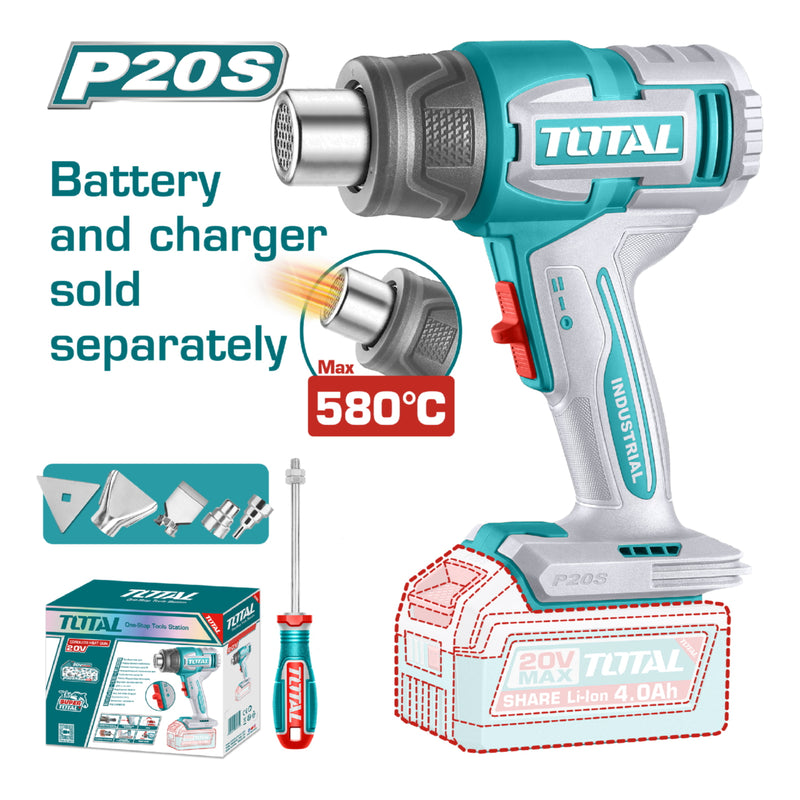 PISTOLA CALOR INALAMBRICA  20V CON TEMPERATURA AJUSTABLE 30-580°C  INCLUYE 4 BOQUILLAS 1 RASCADOR  BATERIA Y CARGADOR NO INCL