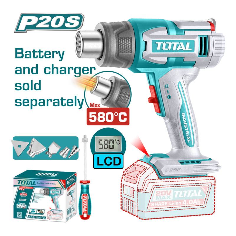 PISTOLA CALOR INALAMBRICA  20V CON TEMPERATURA AJUSTABLE 30-580°C  PANTALLA LCD INCLUYE 4 BOQUILLAS 1 RASCADOR  BATERIA Y CAR