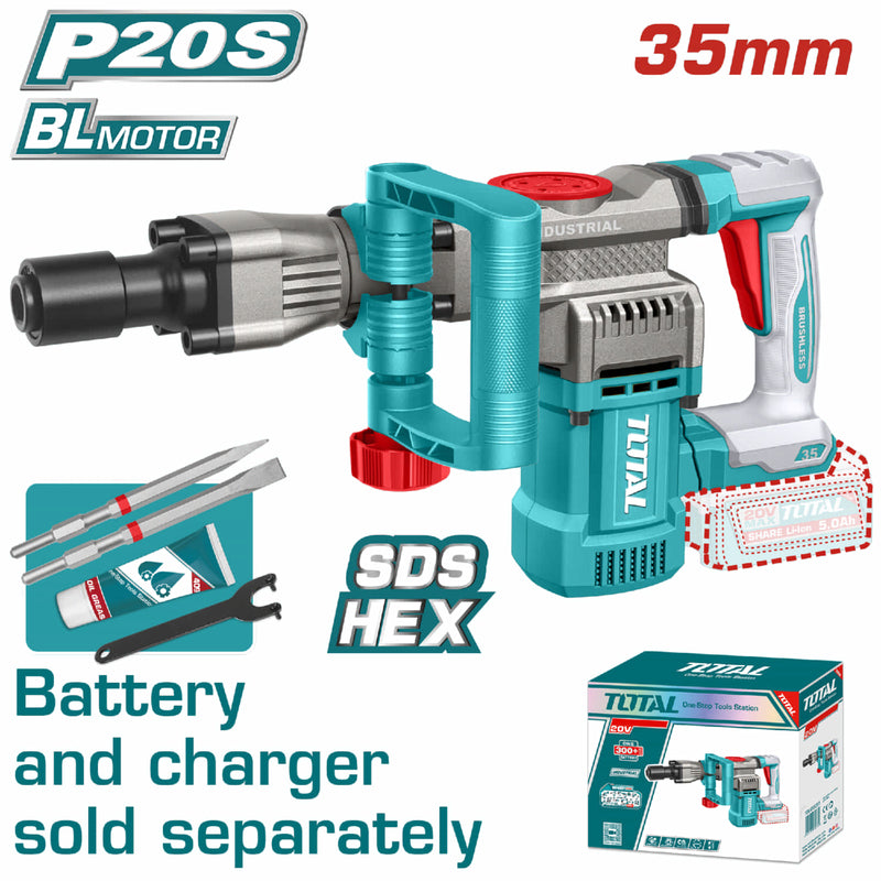 DEMOLEDOR SDS HEX INALAMBRICO 20V 16J INCLUYE ACCESORIOS BATERIA Y CARGADOR SE VENDEN POR SEPARADO  INDUSTRIAL SUPER TOTAL  (
