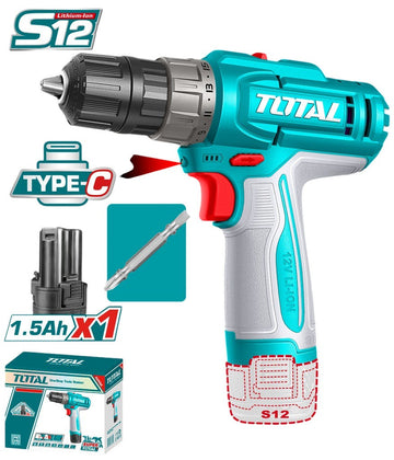 TALADRO INALAMBRICO 3/8 (10MM) 20NM 12V INCLUYE 1 BATERIA DE 1.5AH CARGADOR TIPO-C NO INCLUIDO SUPER TOTAL (TDLI122061)