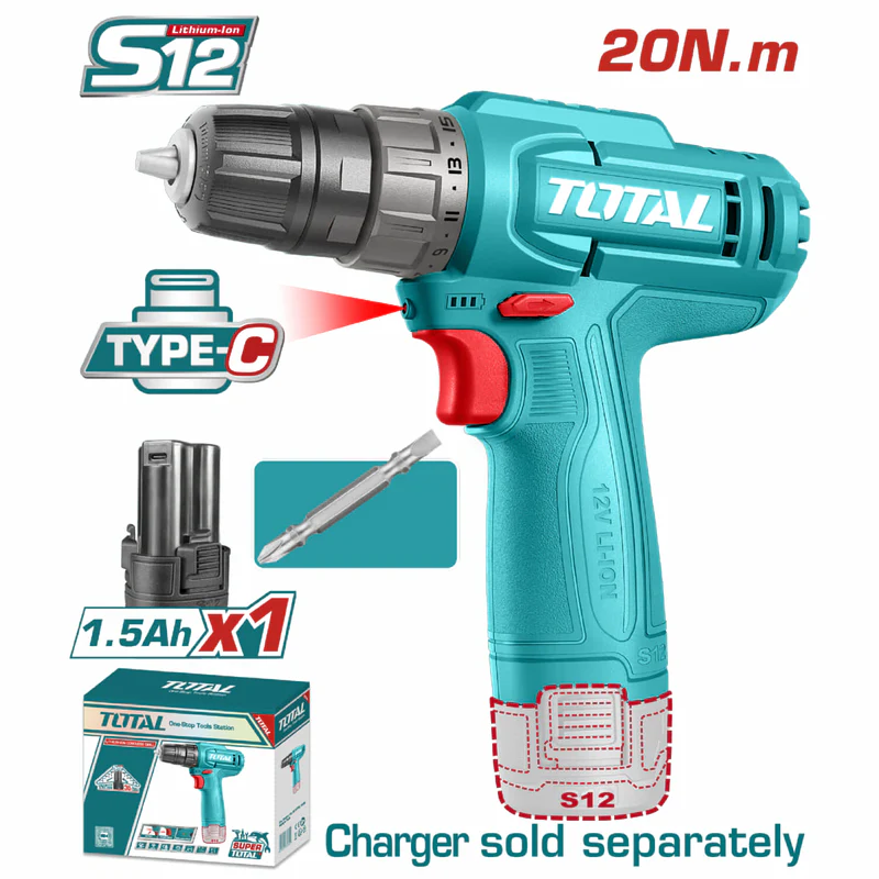 TALADRO INALAMBRICO 1/32/3/8" 12V 20NM INCLUYE 1 BATERIA 1.5AH, 1 PUNTA DESTORNILLADOR CARGA TIPO C SUPER TOTAL (TDLI12456)
