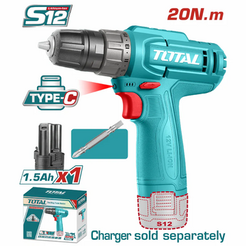 TALADRO INALAMBRICO 1/32/3/8" 12V 20NM INCLUYE 1 BATERIA 1.5AH, 1 PUNTA DESTORNILLADOR CARGA TIPO C SUPER TOTAL (TDLI12456)