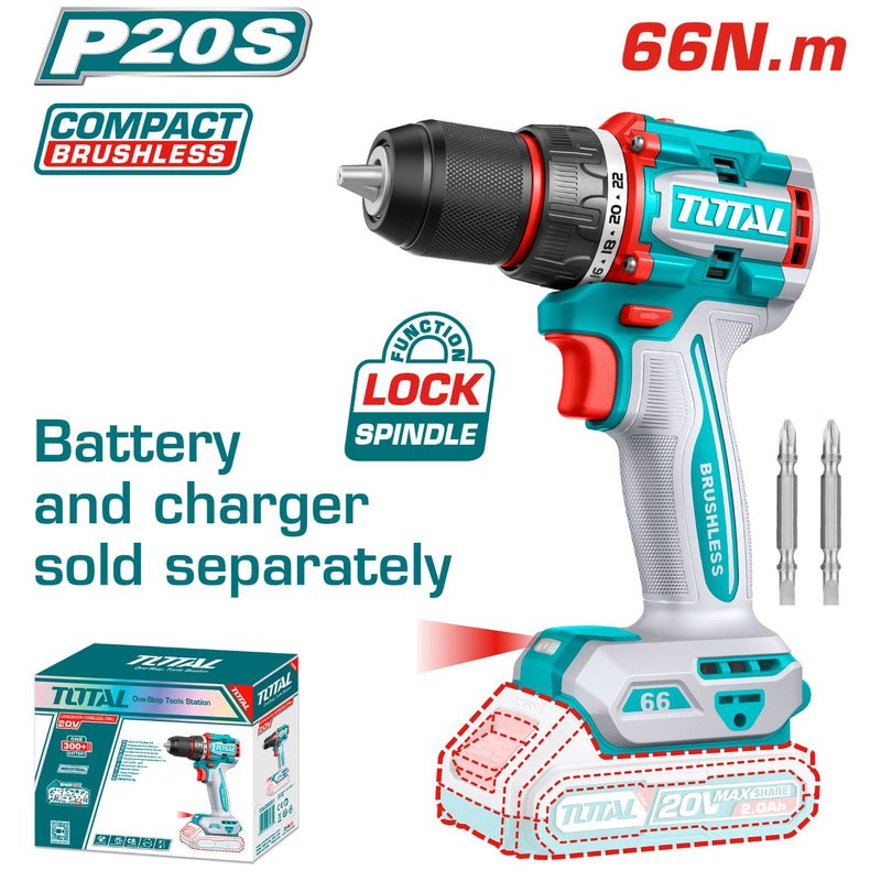TALADRO INALAMBRICO 1/2" 20V 66NM 2 PUNTAS TALADRO SIN BATERIA NI CARGADOR INDUSTRIAL (TOTAL)