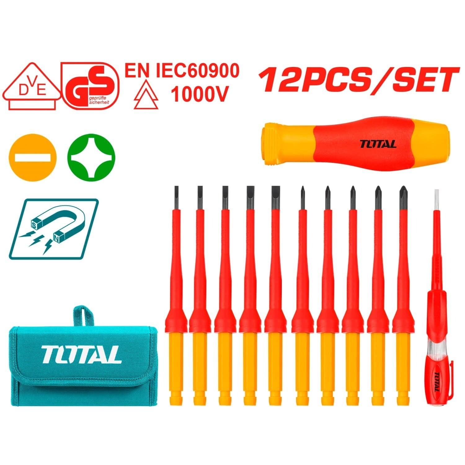 JUEGO DESTORNILLADORES AISLADO 1000V INDUSTRIAL X 12 PZS INTERCAMBIABLE TOTAL