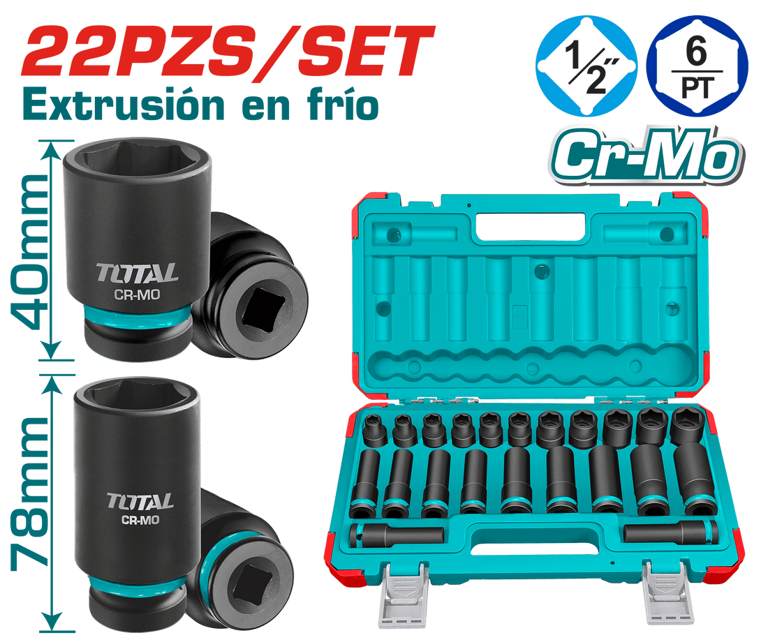 COPAS DE IMPACTO 1/2 INDUSTRIAL LARGO 40 MM JUEGO X 22PZS 10 - 24 MM TOTAL (THKISD12221L)