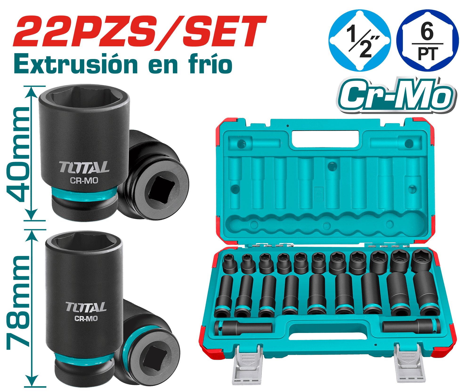 COPAS DE IMPACTO 1/2 INDUSTRIAL LARGO 40 MM JUEGO X 22PZS 10 - 24 MM TOTAL (THKISD12221L)