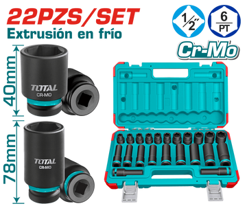 COPAS DE IMPACTO 1/2 INDUSTRIAL LARGO 40 MM JUEGO X 22PZS 10 - 24 MM TOTAL (THKISD12221L)