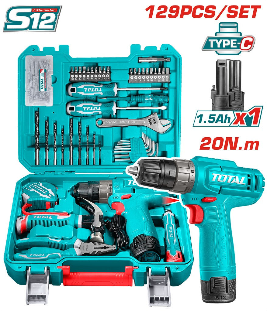 TALADRO INALAMBRICO 1/2 12V 20NM + BATERIA 1.5AH + KIT DE HERRAMIENTAS 128 PZS SUPER TOTAL (THKTHP11292)