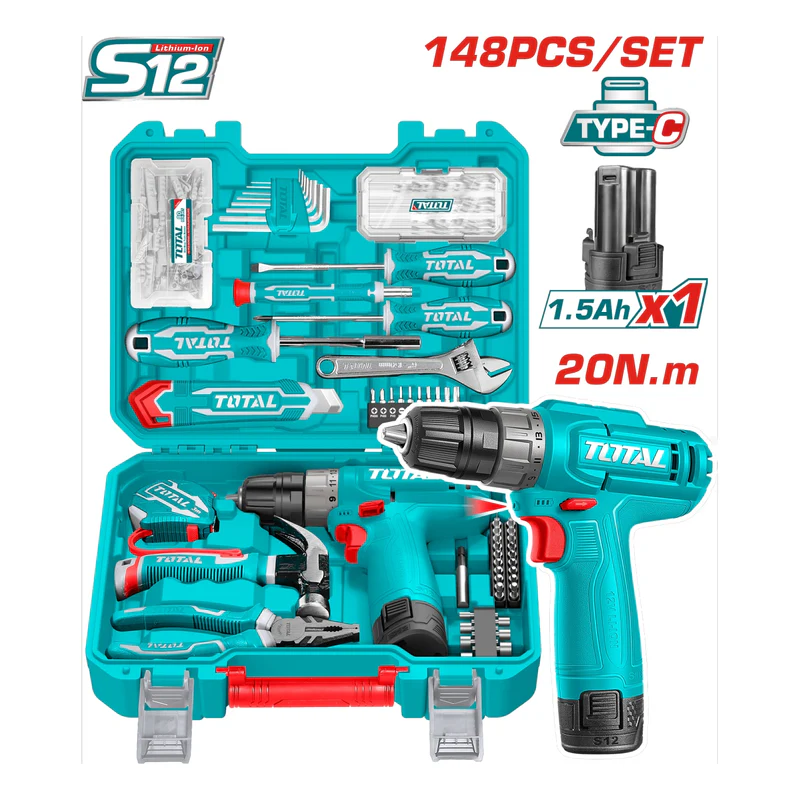 TALADRO INALAMBRICO 3/8 12V 20NM + BATERIA 1.5AH + KIT DE HERRAMIENTAS 148 PZS SUPER TOTAL (THKTHP41487)