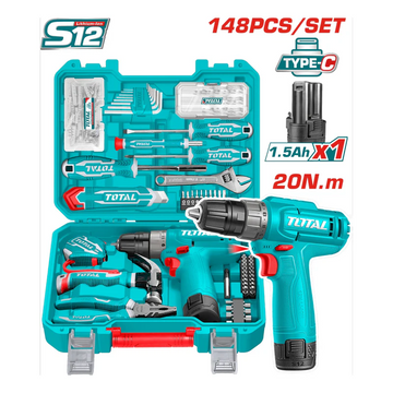 TALADRO INALAMBRICO 3/8 12V 20NM + BATERIA 1.5AH + KIT DE HERRAMIENTAS 148 PZS SUPER TOTAL (THKTHP41487)