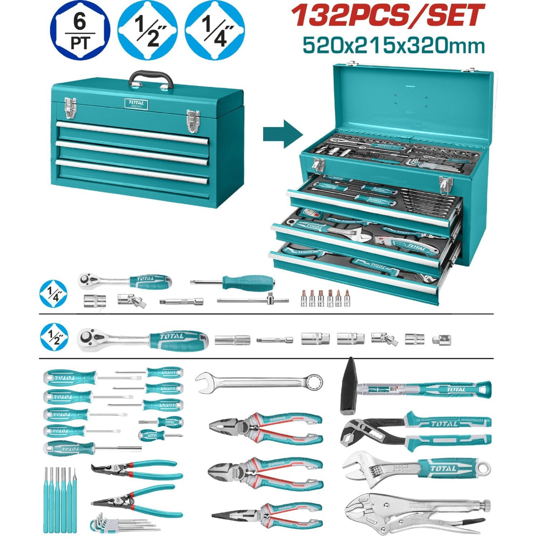 CAJA HERRAMIENTA METALICA INCLUYE 132 PZS INDUSTRIAL SUPER TOTAL