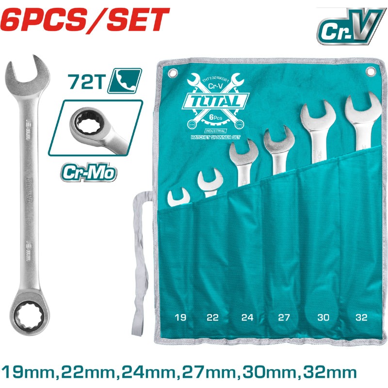 LLAVE MIXTA CON RACHE JUEGO X 6 PZS 19-32MM CRV INDUSTRIAL SUPER TOTAL