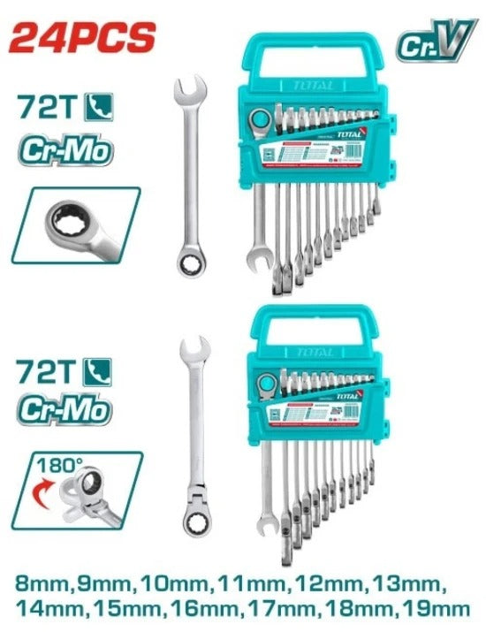 LLAVE MIXTA CON RACHE FLEXIBLE 8 - 19 MM JUEGO X 12 PZS + LLAVE MIXTA CON RACHE FIJO 8- 19MM JUEGO X 12 PZS INDUSTRIAL SUPER 