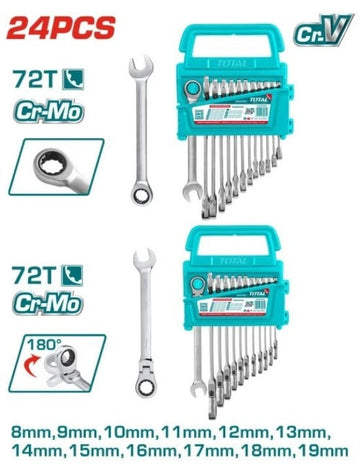 LLAVE MIXTA CON RACHE FLEXIBLE 8 - 19 MM JUEGO X 12 PZS + LLAVE MIXTA CON RACHE FIJO 8- 19MM JUEGO X 12 PZS INDUSTRIAL SUPER 