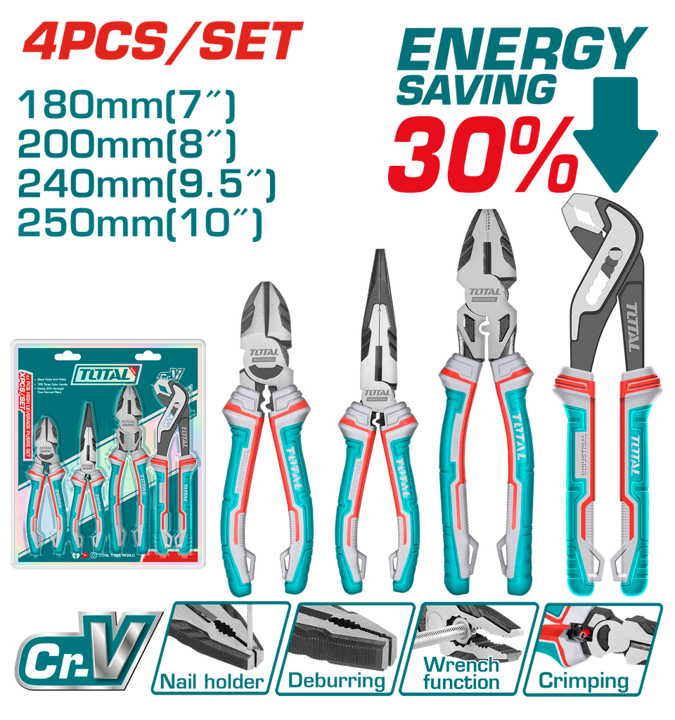 JUEGO DE ALICATE  X 4 PIEZAS CROMO VANADIUM INDUSTRIAL SUPER TOTAL (THT2K0498)