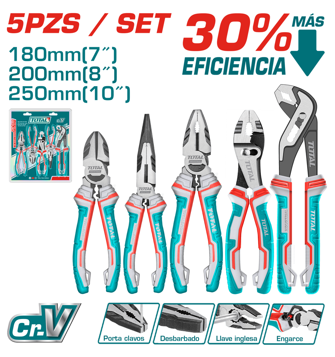 JUEGO DE ALICATE X 5 PIEZAS  CROMO VANADIUM INDUSTRIAL TOTAL (THT2K0588)