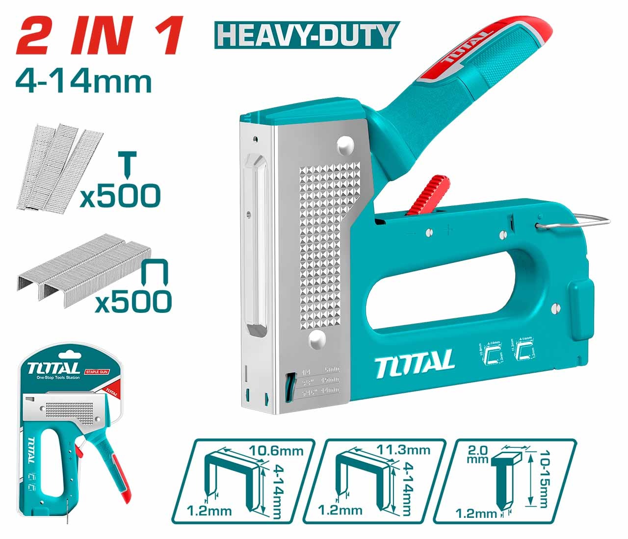 GRAPADORA 2 EN 1  (4 - 14 MM) INCLUYE 500 GRAPAS Y 500 CLAVOS  INDUSTRIAL TOTAL
