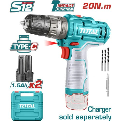 TALADRO 12V (3/8") PERCUTOR + 2 BATERÍAS 1,5 AH (CARGADOR TIPO C NO INCLUIDO) (TOTAL)