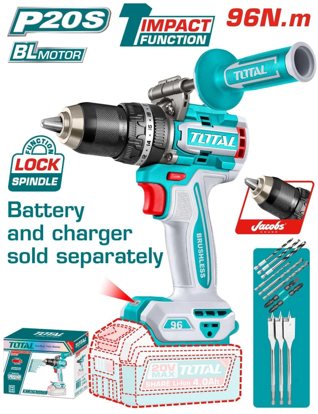 TALADRO DE IMPACTO INALAMBRICO 1/2 96 N.M 20V INCLUYE MANGO AUXILIAR Y 11 ACCESORIOS, BATERIA CARGADOR SE VENDE POR SEPARADO,