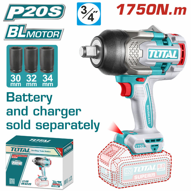 PISTOLA IMPACTO INALAMBRICA 3/4 20V 1750NM INCLUYE COPAS 30,32,34 MM BATERIA Y CARGADOR SE VENDEN POR SEPARADO INDUSTRIAL SUP