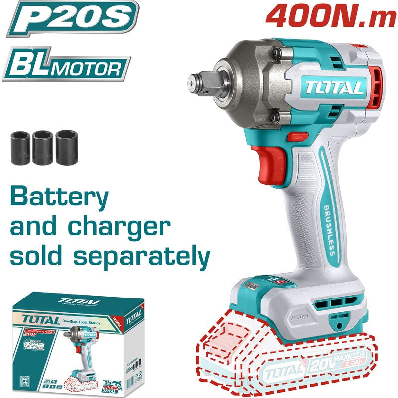 PISTOLA DE IMPACTO INALAMBRICA 1/2" 20V 400NM 3 COPAS (CARGADOR Y BATERIA SE VENDEN POR SEPARADO) TOTAL