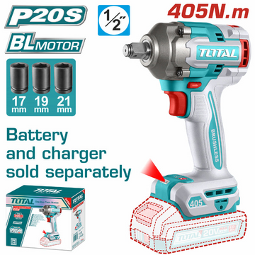 PISTOLA IMPACTO INALAMBRICA 1/2 20V 405 NM INCLUYE 3 COPAS 17,19,21,  BATERIA Y CARGADOR SE VENDEN POR SEPARADO  INDUSTRIAL S