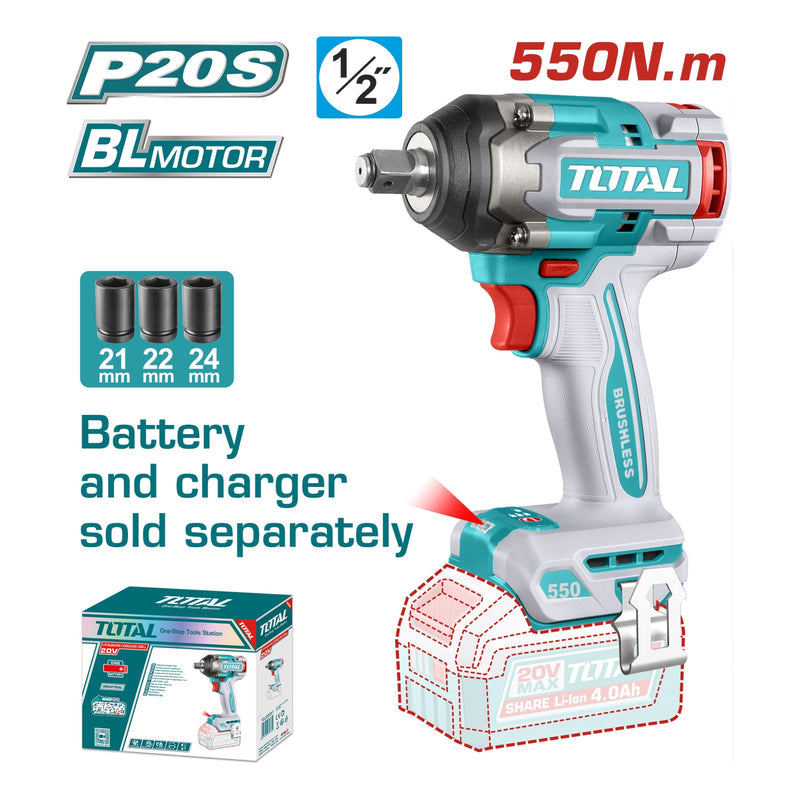 PISTOLA IMPACTO INALAMBRICA 1/2" 20V 550 NM INCLUYE 3 COPAS 21,22,24 MM, CARGADOR Y BATERIA SE VENDEN POR SEPARADO INDUSTRIAL