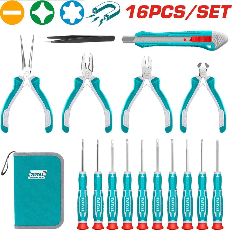 KIT DE HERRAMINETAS X 16 PZS (INCLUYE 10 DESTORNILLADORES RELOJEROS) TOTAL