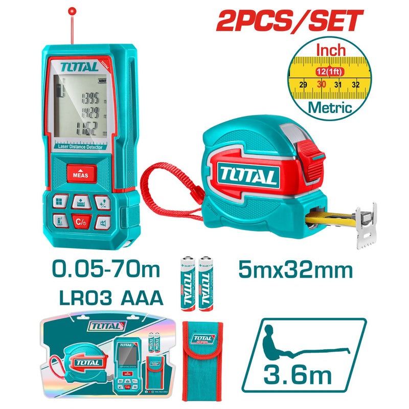 KIT DE MEDIDOR DE DISTANCIAS LASER 70MTS + METRO 5 MTS HOJA 32MM INDUSTRIAL SUPER TOTAL