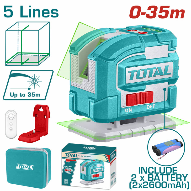 NIVEL LASER 0-35M LUZ VERDE 3D 5 LINEAS RECARGABLE TIPO USB-C INDUSTRIAL SUPER TOTAL (TLL306502)