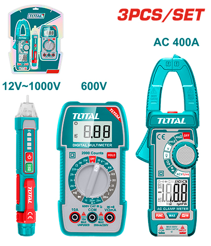 KIT MEDIDOR DE CORRIENTE DIGITAL INCLUYE PROBADOR - TESTER - PINZA INDUSTRIAL  SUPER  TOTAL (TMT23069)
