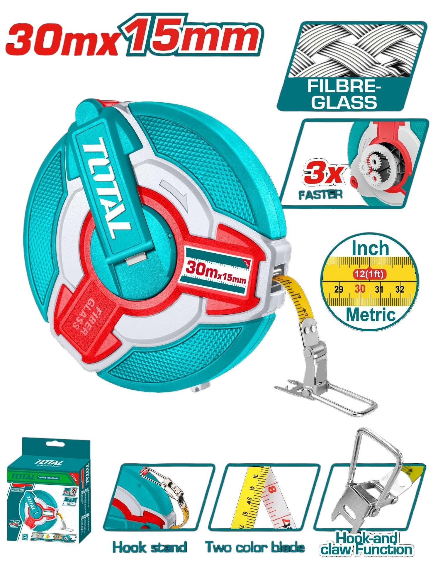 DECAMETRO 30MTS INDUSTRIAL FIBRA DE VIDRIO TOTAL