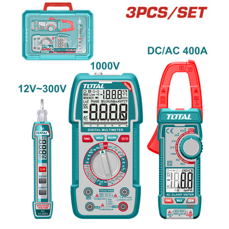 KIT MEDIDOR DE CORRIENTE DIGITAL INCLUYE PROBADOR - TESTER - PINZA SUPER TOTAL
