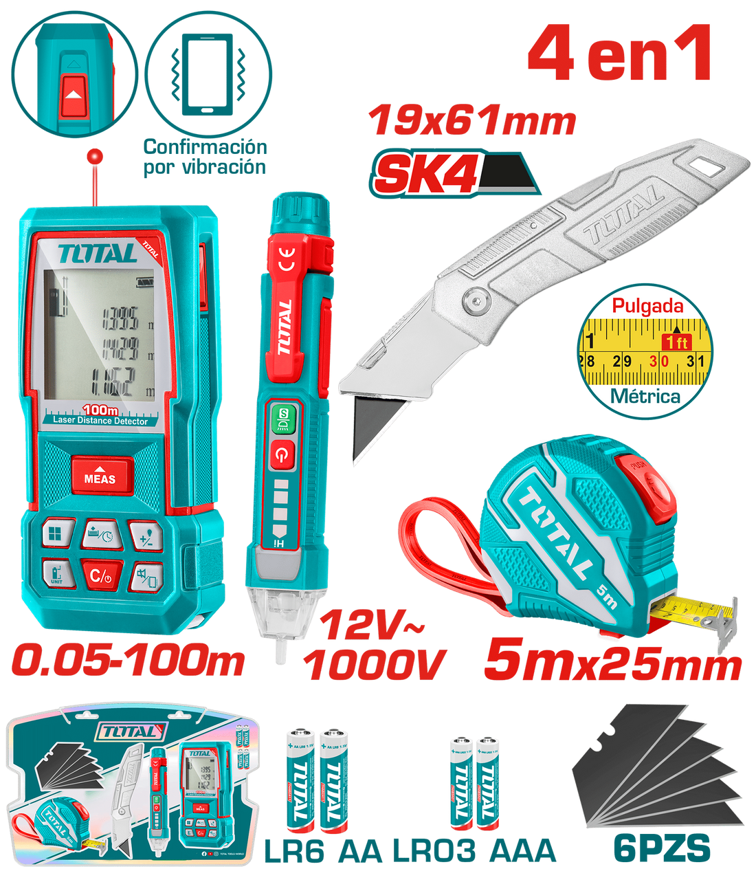 KIT PROBADOR DE CORRIENTE 12V- 1000V + MEDIDOR DE DISTANCIAS LASER 100MTS + METRO 5 MTS + BISTURI NAVAJA 19X 61MM INDUSTRIAL 