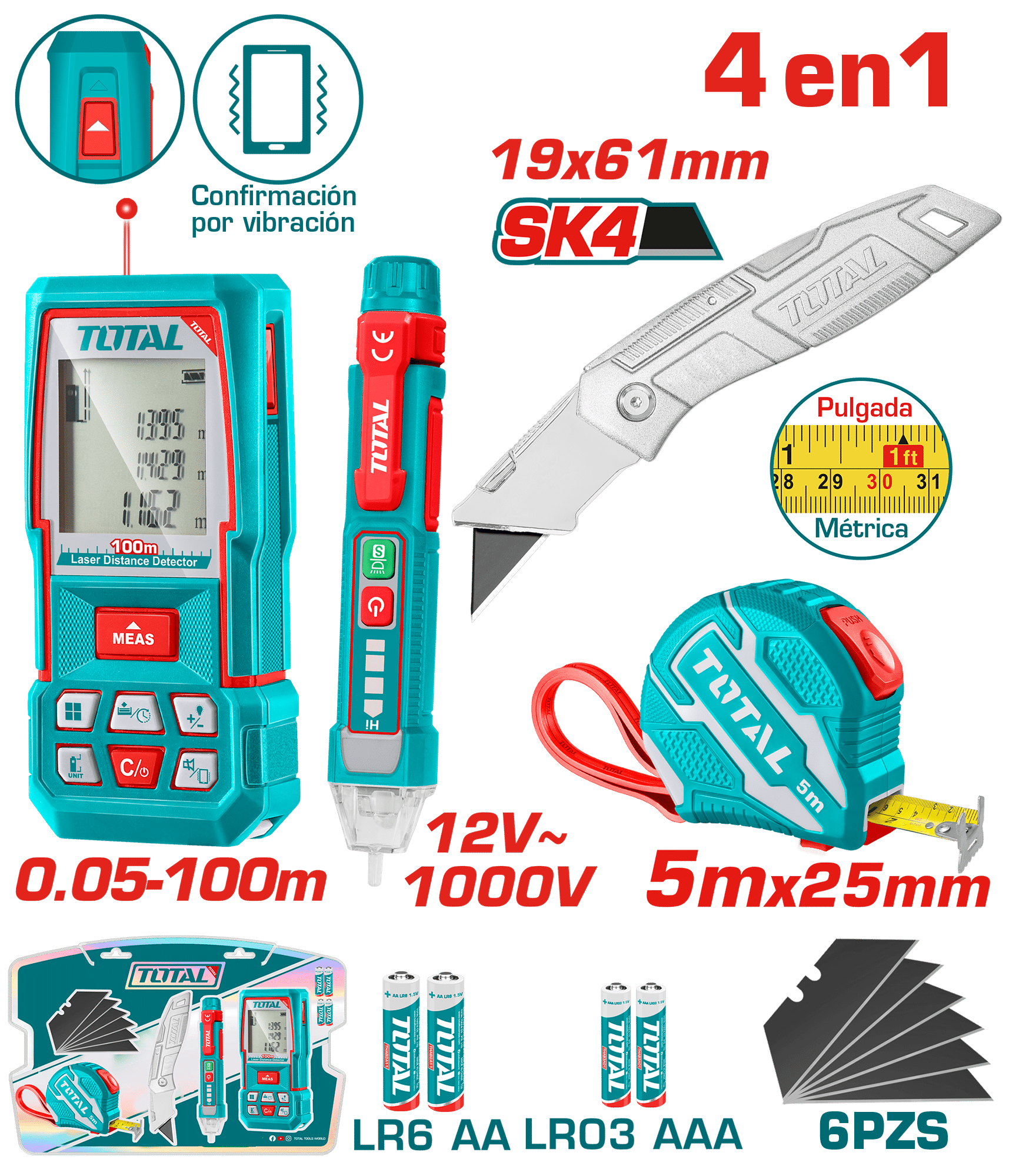 KIT PROBADOR DE CORRIENTE 12V- 1000V + MEDIDOR DE DISTANCIAS LASER 100MTS + METRO 5 MTS + BISTURI NAVAJA 19X 61MM INDUSTRIAL 