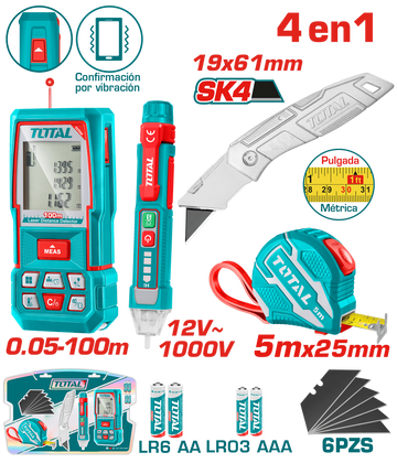 KIT PROBADOR DE CORRIENTE 12V- 1000V + MEDIDOR DE DISTANCIAS LASER 100MTS + METRO 5 MTS + BISTURI NAVAJA 19X 61MM INDUSTRIAL 