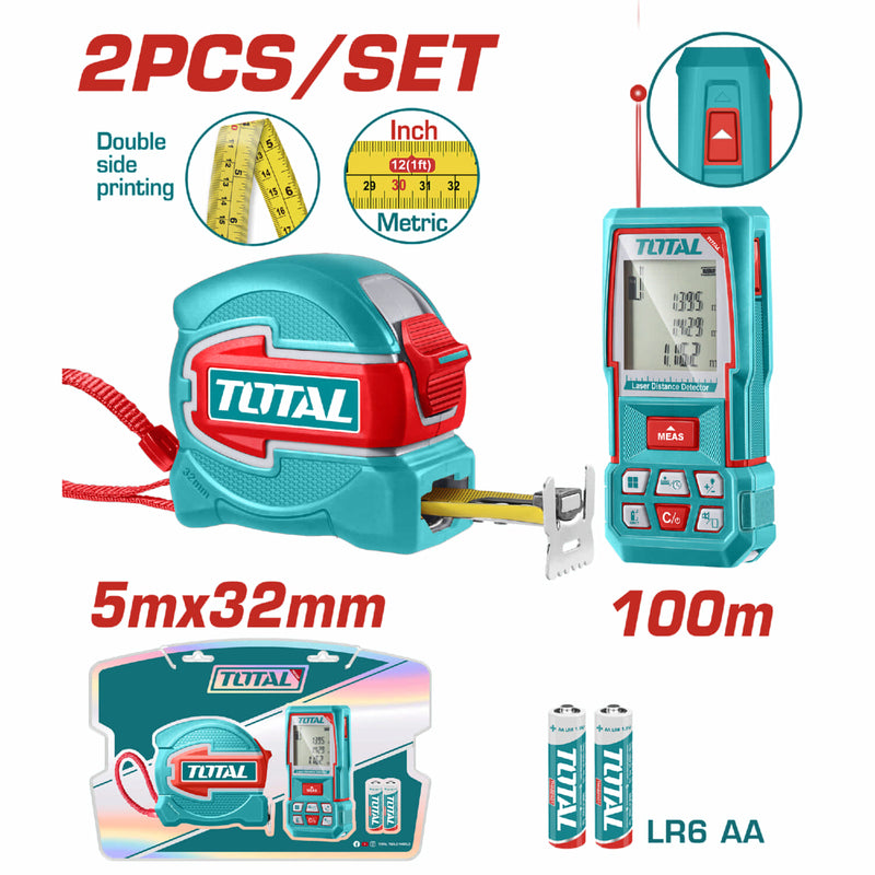 KIT MEDIDOR DE DISTANCIAS LASER 100MTS MEDIDOR DE DISTANCIAS LASER 100MTS + METRO 5 MTS HOJA 32MM INDUSTRIAL SUPER TOTAL (TOS