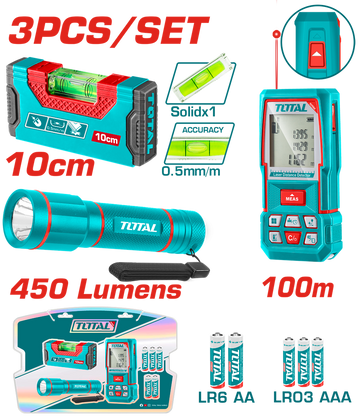 MEDIDOR DE DISTANCIAS LASER 100MTS + NIVEL 10CM IMANTADO + LINTERNA 450 LUMENES SUPER TOTAL INDUSTRIAL (TOS251003)