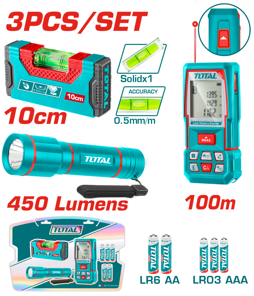 MEDIDOR DE DISTANCIAS LASER 100MTS + NIVEL 10CM IMANTADO + LINTERNA 450 LUMENES SUPER TOTAL INDUSTRIAL (TOS251003)