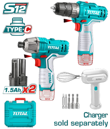 COMBO 12V ATORNILLADOR IMPACTO + TALADRO 3/8" + 2 BATERIAS 1.5AH + BATIDORA (NO INCLUYE CARGADOR)