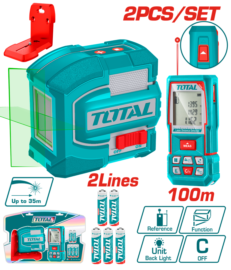 KIT NIVEL LASER 0-35M  LUZ VERDE  2  LINEAS + MEDIDOR DE DISTANCIA 100M INDUSTRIAL SUPER TOTAL (TOSLL0502)