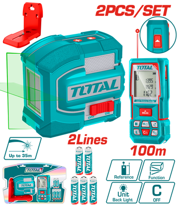KIT NIVEL LASER 0-35M  LUZ VERDE  2  LINEAS + MEDIDOR DE DISTANCIA 100M INDUSTRIAL SUPER TOTAL (TOSLL0502)